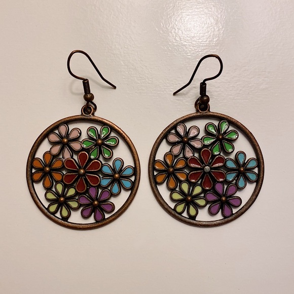 Boho Boutique Jewelry - Multicolor Colorful Flower Dangle Hoop Earrings